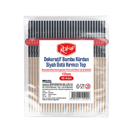Roll-up Dekoratif Bambu Kürdan Siyah Üstü Kırmızı Top 12cm 50 Adet - Roll-Up