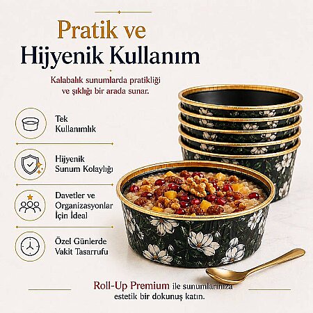 Roll-Up Premium Çiçek Desenli Siyah Yuvarlak Tatlı-Aşure Kase 6 Adet - 2