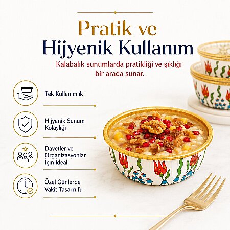 Roll-Up Premium Lale Desenli Beyaz Yuvarlak Tatlı-Aşure Kase 6 Adet - 3