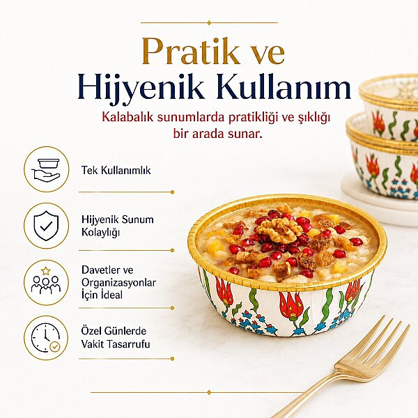 Roll-Up Premium Lale Desenli Beyaz Yuvarlak Tatlı-Aşure Kase 6 Adet - 3