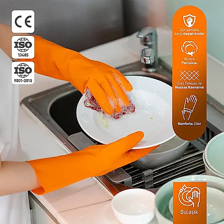 Roll-Up Ekstra Kalın Temizlik Eldiveni Turuncu M Beden 1 Çift - 3