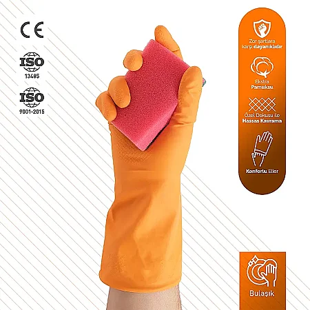 Roll-Up Ekstra Kalın Temizlik Eldiveni Turuncu M Beden 1 Çift - 1