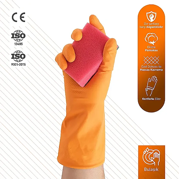 Roll-Up Ekstra Kalın Temizlik Eldiveni Turuncu M Beden 1 Çift - 1